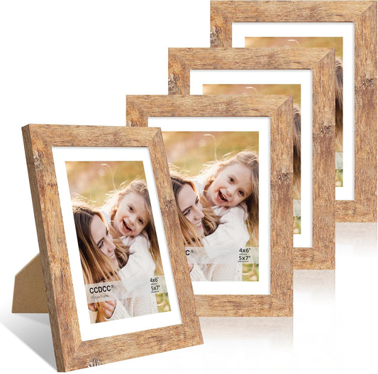 5x7 Picture Frame Set of 4, 5 x 7 Wood Photo Frames with Mat for 4x6, Natural Wooden Frame with