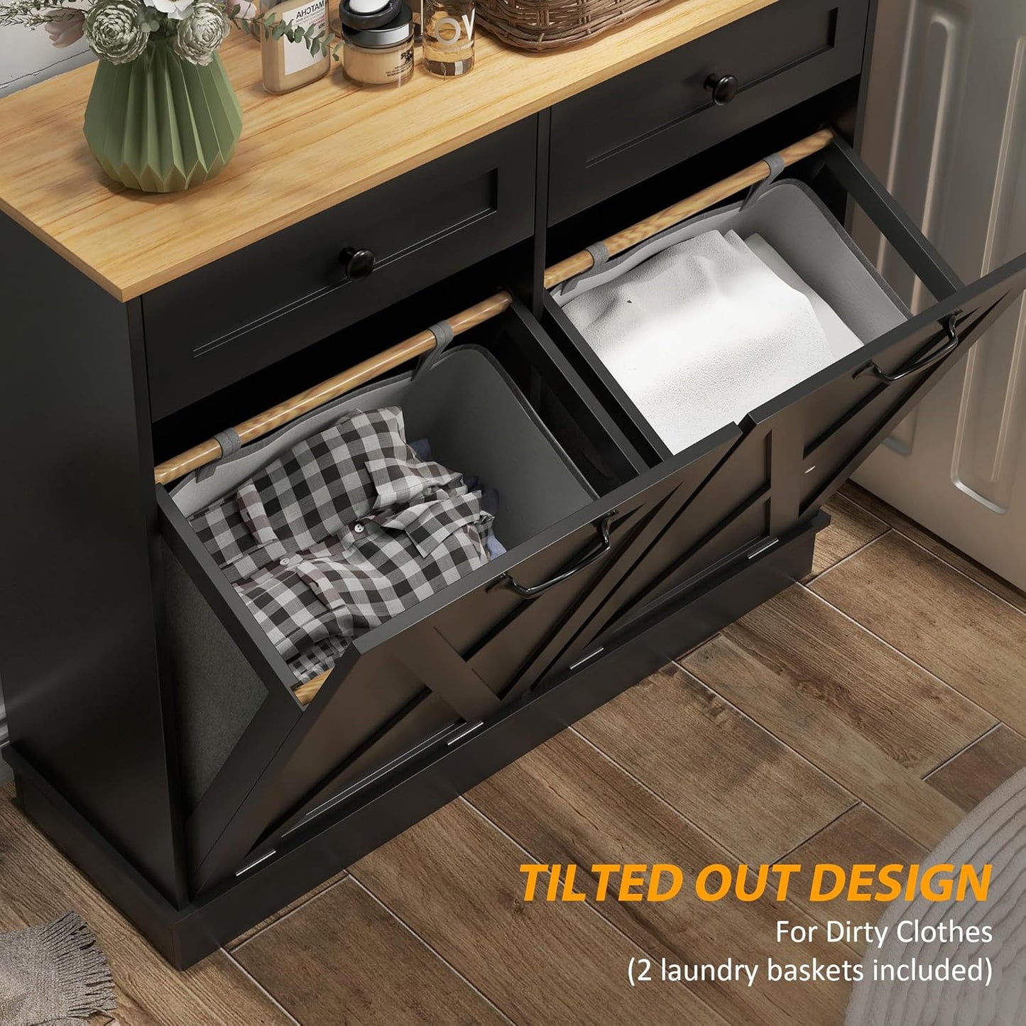 HOMCOM Tilt Out Laundry Hamper Cabinet with 2 Removable Baskets, Freestanding Bathroom Storage