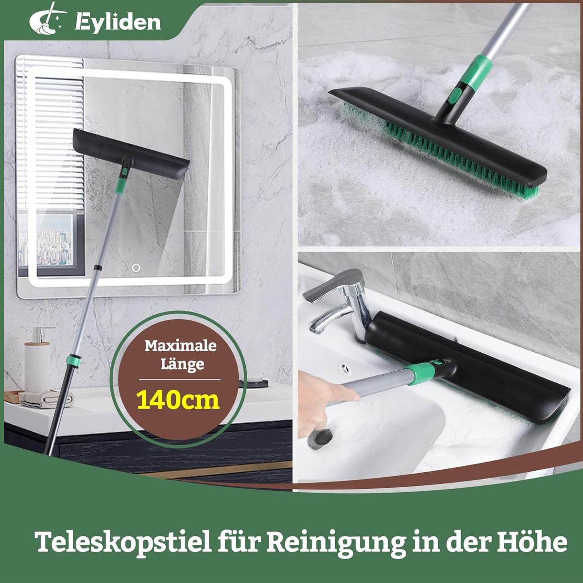 Eyliden X-Large Floor Scrub Brush, 2 in 1 Scrape Brushes with Rubber Squeegee | 55.3" Long Handle