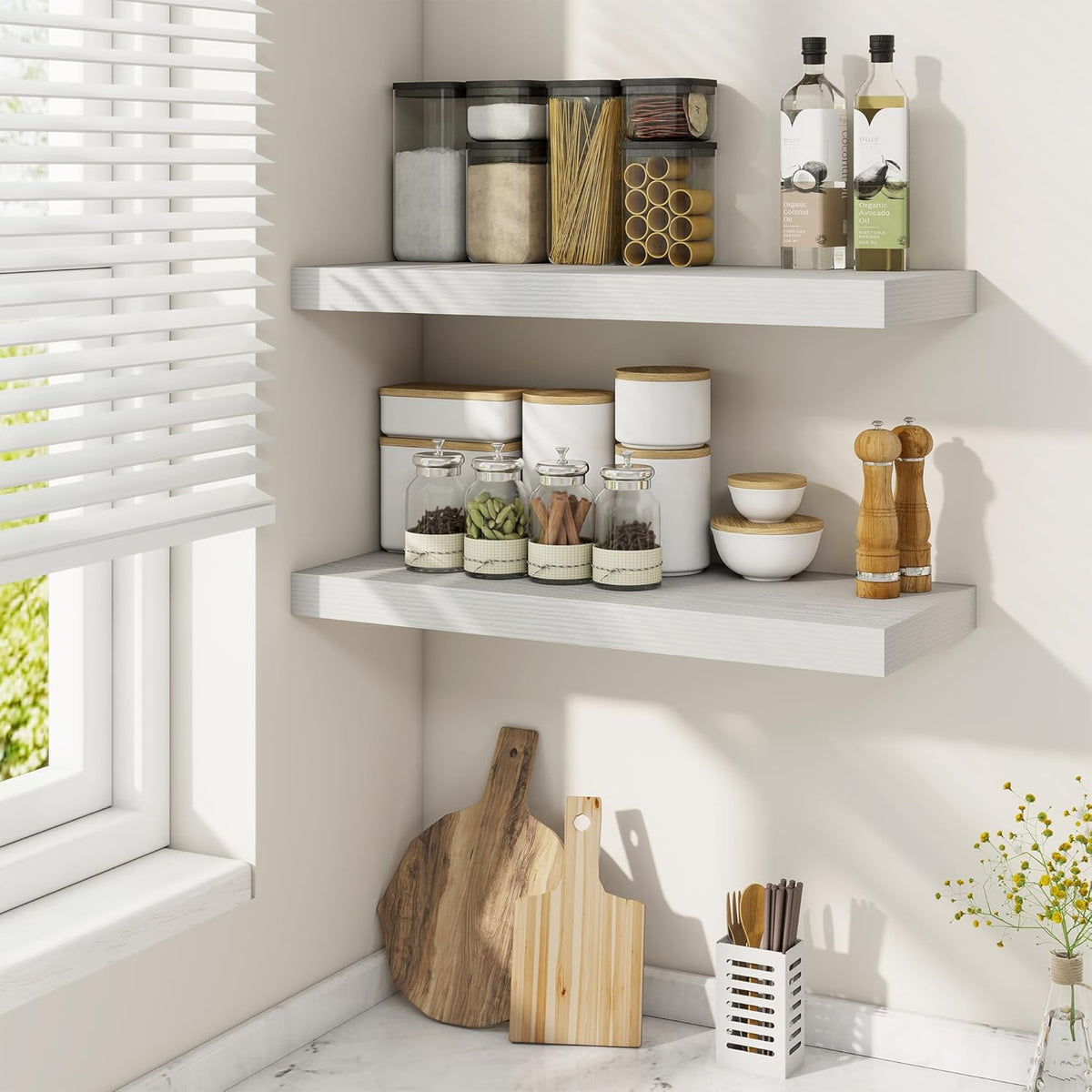 Fun Memories 24 Inch Floating Shelves for Wall, 9 Inch Deep White Rustic Wood Wall Mounted Shelves