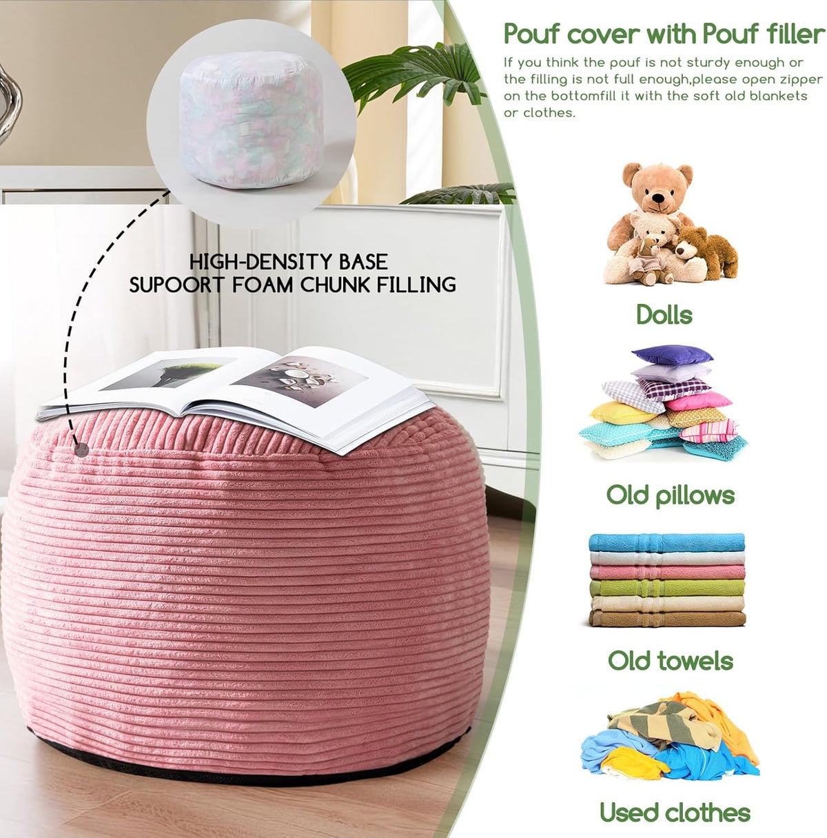 HIGOGOGO Round Stuffed Pouf Ottoman, Corduroy Poufs with Foam Chunk Filling, Furry and Fluffy Pouf