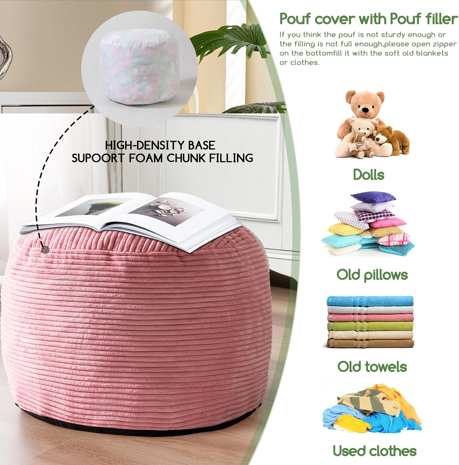 HIGOGOGO Round Stuffed Pouf Ottoman, Corduroy Poufs with Foam Chunk Filling, Furry and Fluffy Pouf