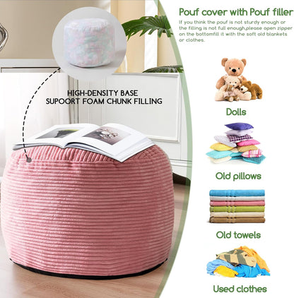 HIGOGOGO Round Stuffed Pouf Ottoman, Corduroy Poufs with Foam Chunk Filling, Furry and Fluffy Pouf