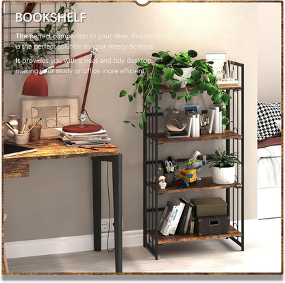 4NM No Assembly 4 Tiers Folding Bookshelf, 47.2" H Foldable Storage Shelves Vintage Bookcase