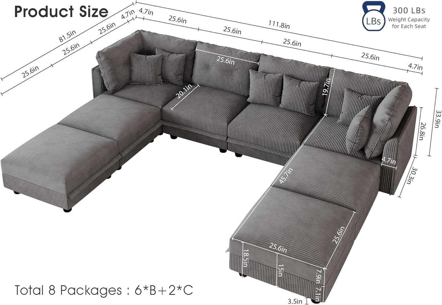 LLappuil Modular Sectional Sofa with Storage Seats, Corduroy Convertible Modular U Shaped Sectional