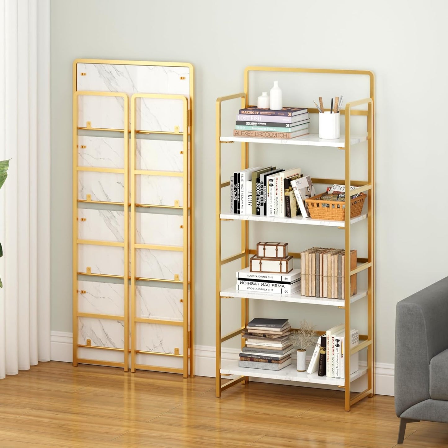 4NM No Assembly Foldable Bookshelf, 4-Shelf Collapsible Bookcase Storage for Small Spaces, 54" H