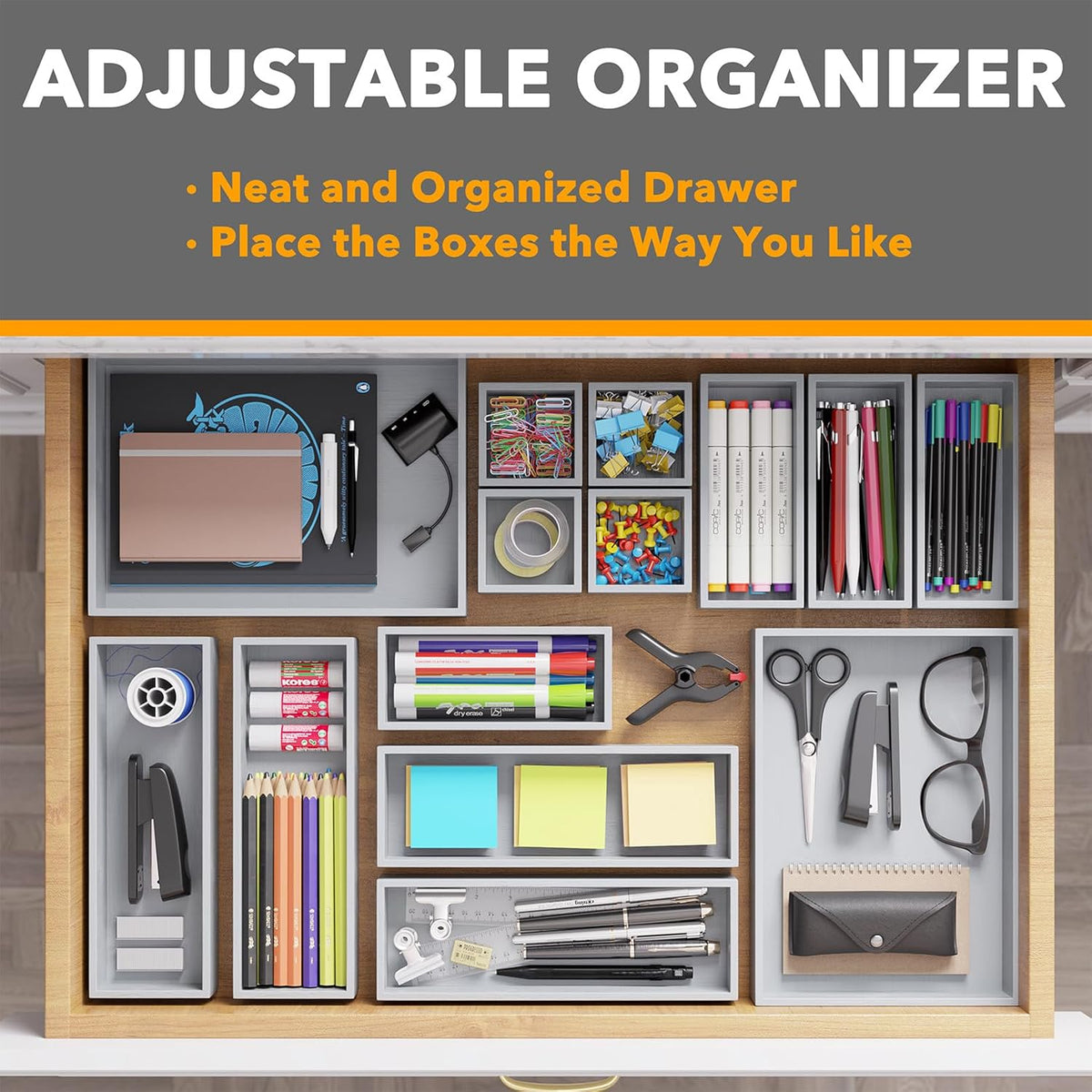 SpaceAid 14-Piece Bamboo Drawer Organizer Storage Boxes Set, Wood Tray Junk Drawer Organizers