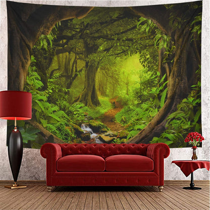 Tushelia Forest Nature Tapestry - Tree Cave Wall Hanging, Misty Forest Stream Through Rainforest