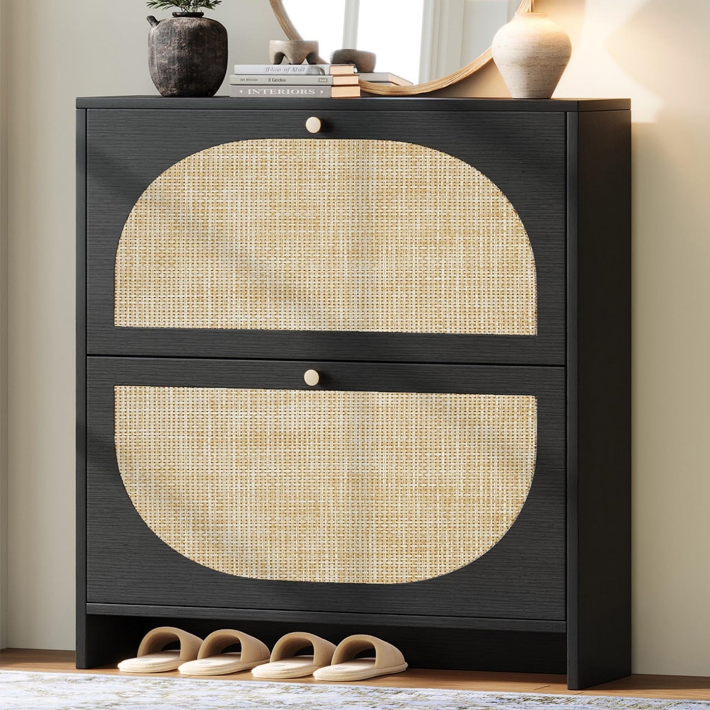 Nicetree Shoe Organizer for Entryway, Slim Shoe Rack with 2 Flip Drawers, Modern Boho Rattan Shoe