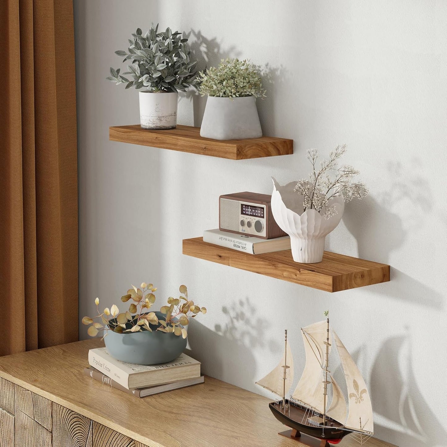 Wood Floating Shelves for Wall, 24" Floating Shelves Wall Mounted, Rustic Old Elm Wood Shelf for