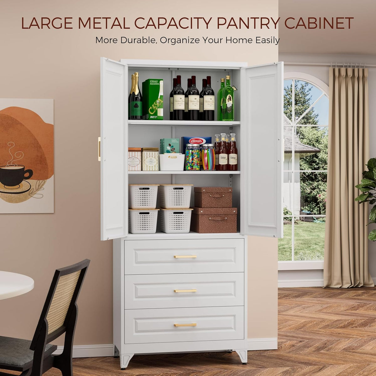 75" Kitchen Pantry Cabinet, Metal Storage Cabinets with Doors and Adjustable Shelves, White Tall