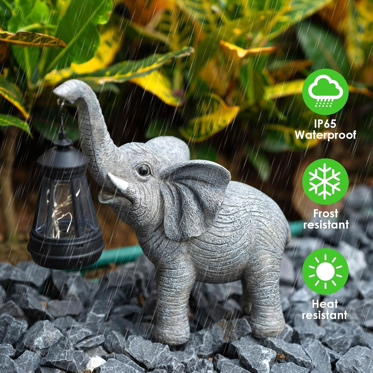 Solar Garden Statue Lights Elephants Figurine with Solar Lantern, Outdoor Yard Decorations for