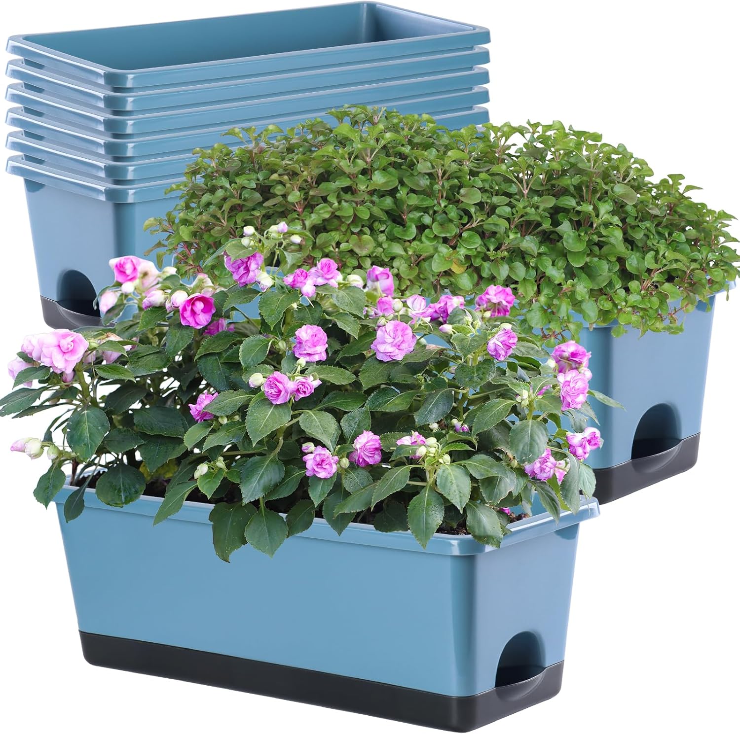 Window Box Planter 8 Pcs, 17 Inches Rectangle Flower Pots with Drainage Holes and Trays, Vegetable