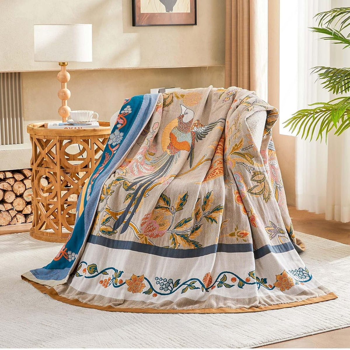 Boho Blanket, 100% Cotton Farmhouse Decorative Throw Blanket, 50"x60" Reversible Bohemian Throw