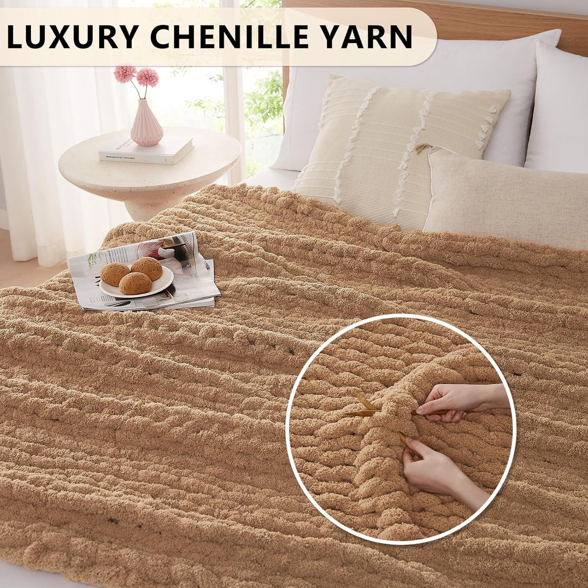 L'AGRATY Chunky Knit Blanket Throw: 50''x60'' Chenille Chunky Knitted Throw Blanket for Bed Couch