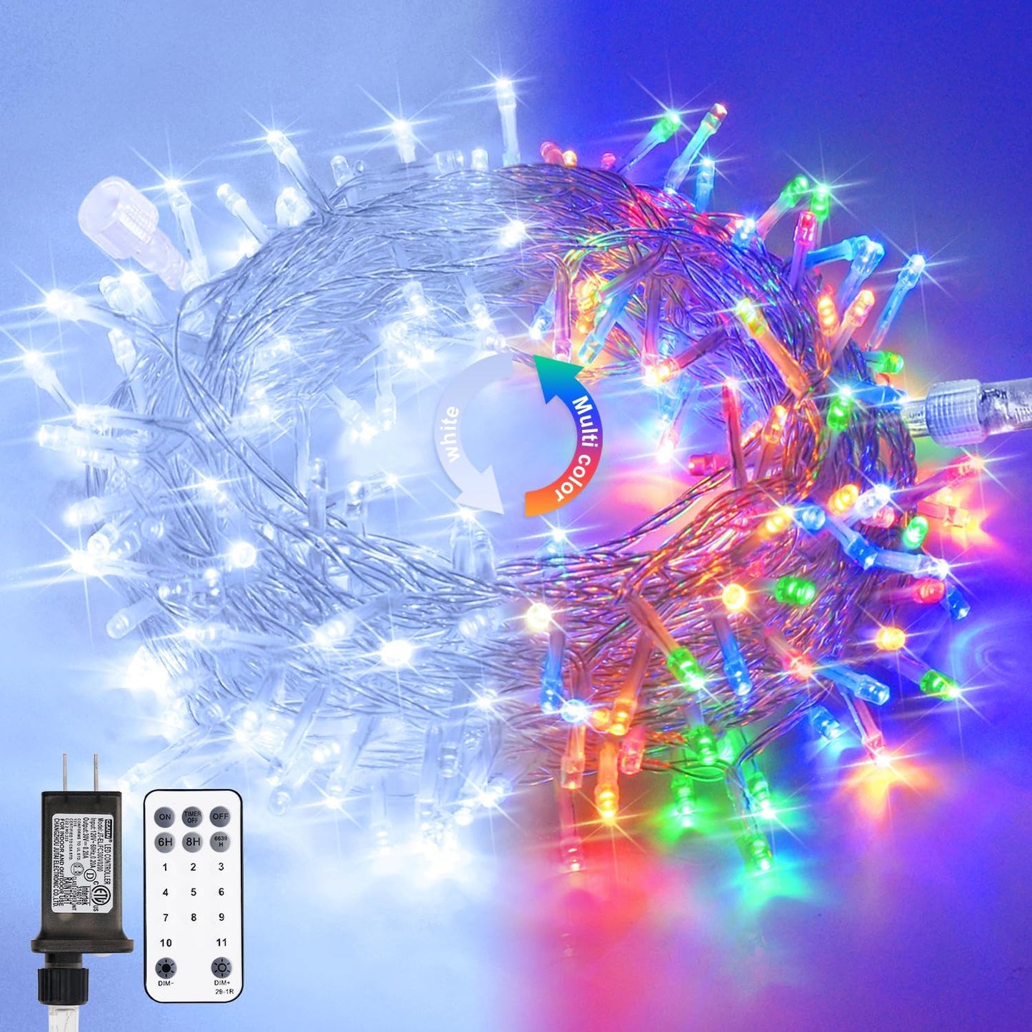 JMEXSUSS 100 LED Cool White & Multicolor Christmas Lights Indoor, Color Changing String Lights Plug