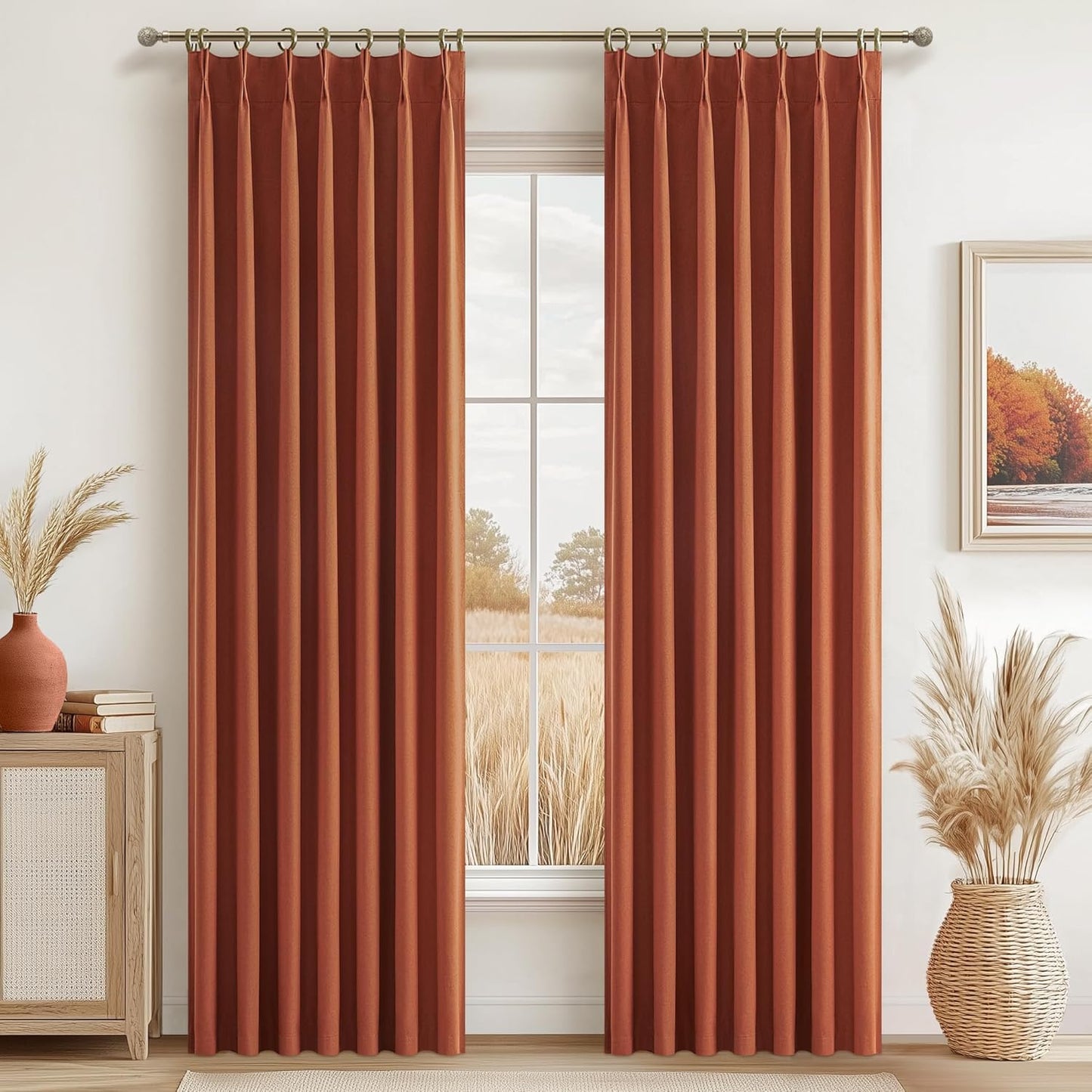 Fall Burnt Orange Curtains Pinch Pleated Blackout 84 Inches Long 2 Panels Set,Terracotta Autumn