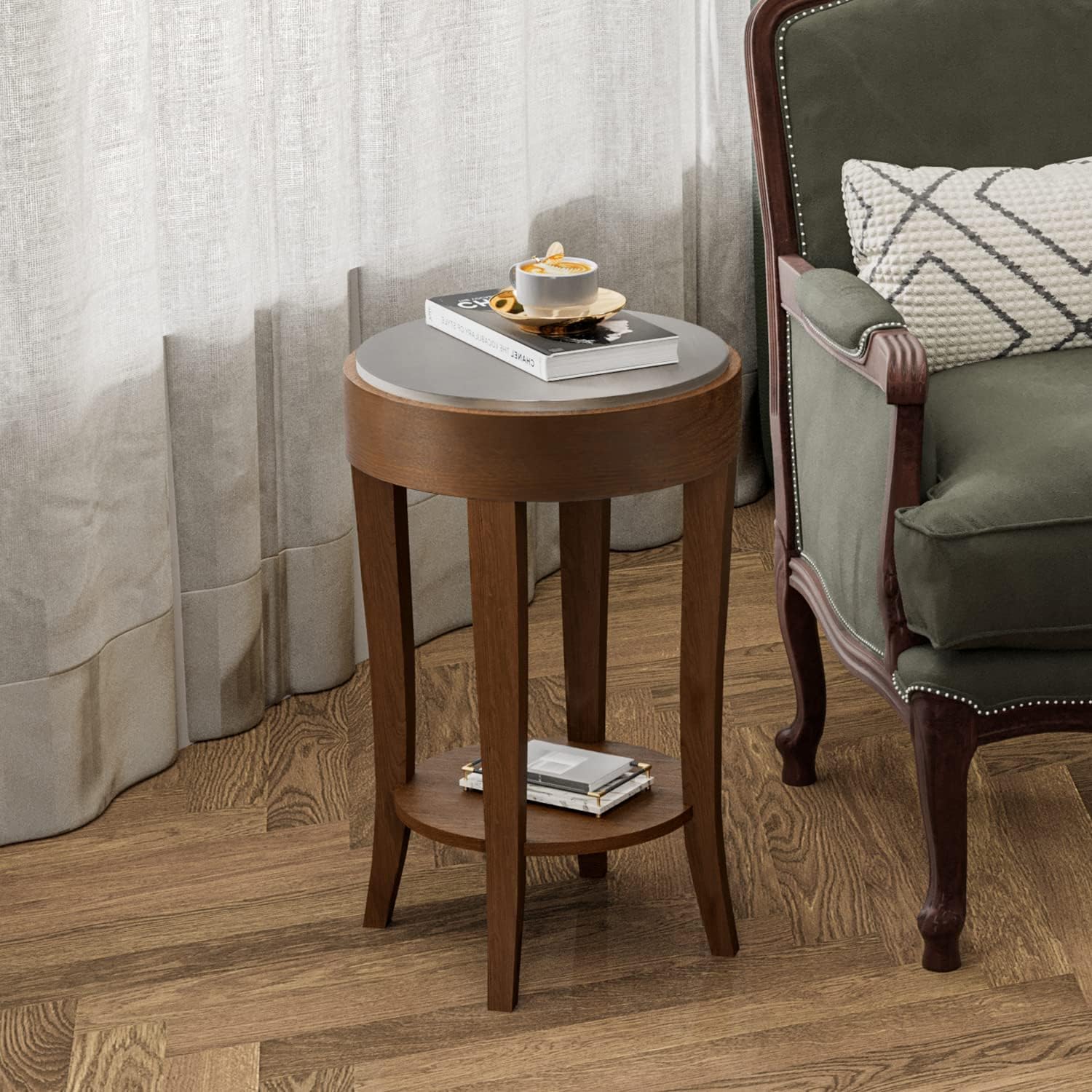 COSIEST Round End Table, 2-Tier Classic Brown Side Table, Farmhouse Wood Accent Table with Storage