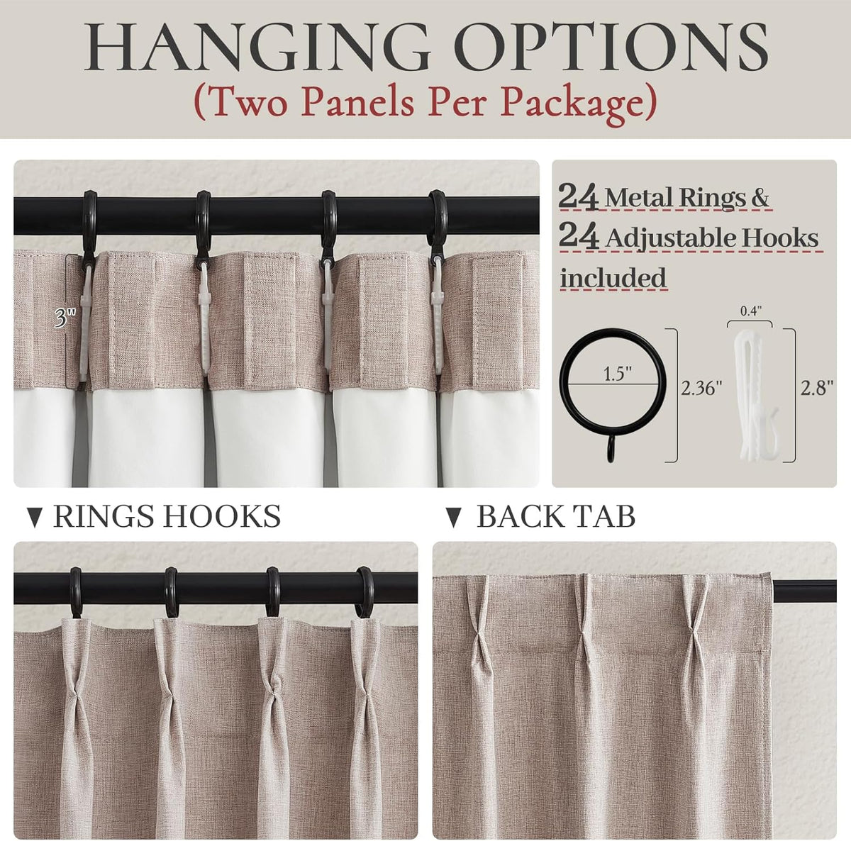 Extra Wide Linen Curtains for Living Room/Bedroom 2 Panels Set, Rustic Country Pinch Pleated