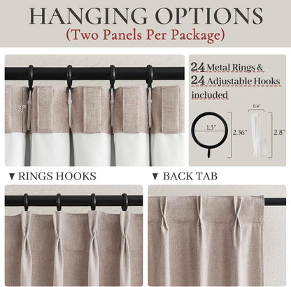 Extra Wide Linen Curtains for Living Room/Bedroom 2 Panels Set, Rustic Country Pinch Pleated