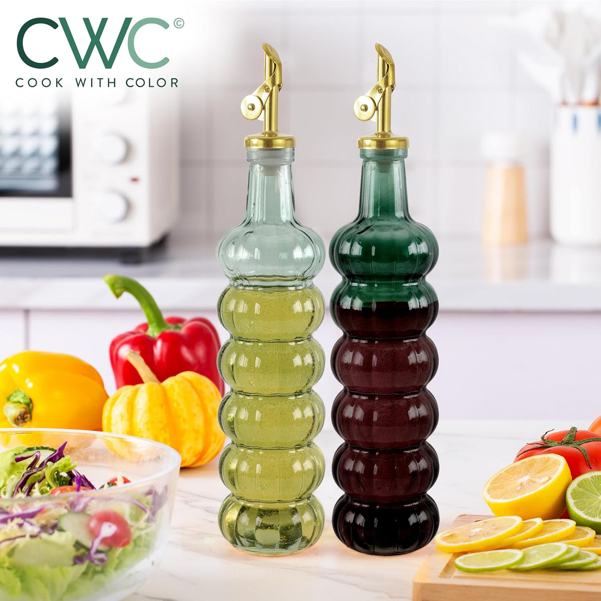 COOK WITH COLOR Glass Olive Oil Bottle Dispenser - 2 Pack- 17oz Oil and Vinegar Cruet - Olive Oil