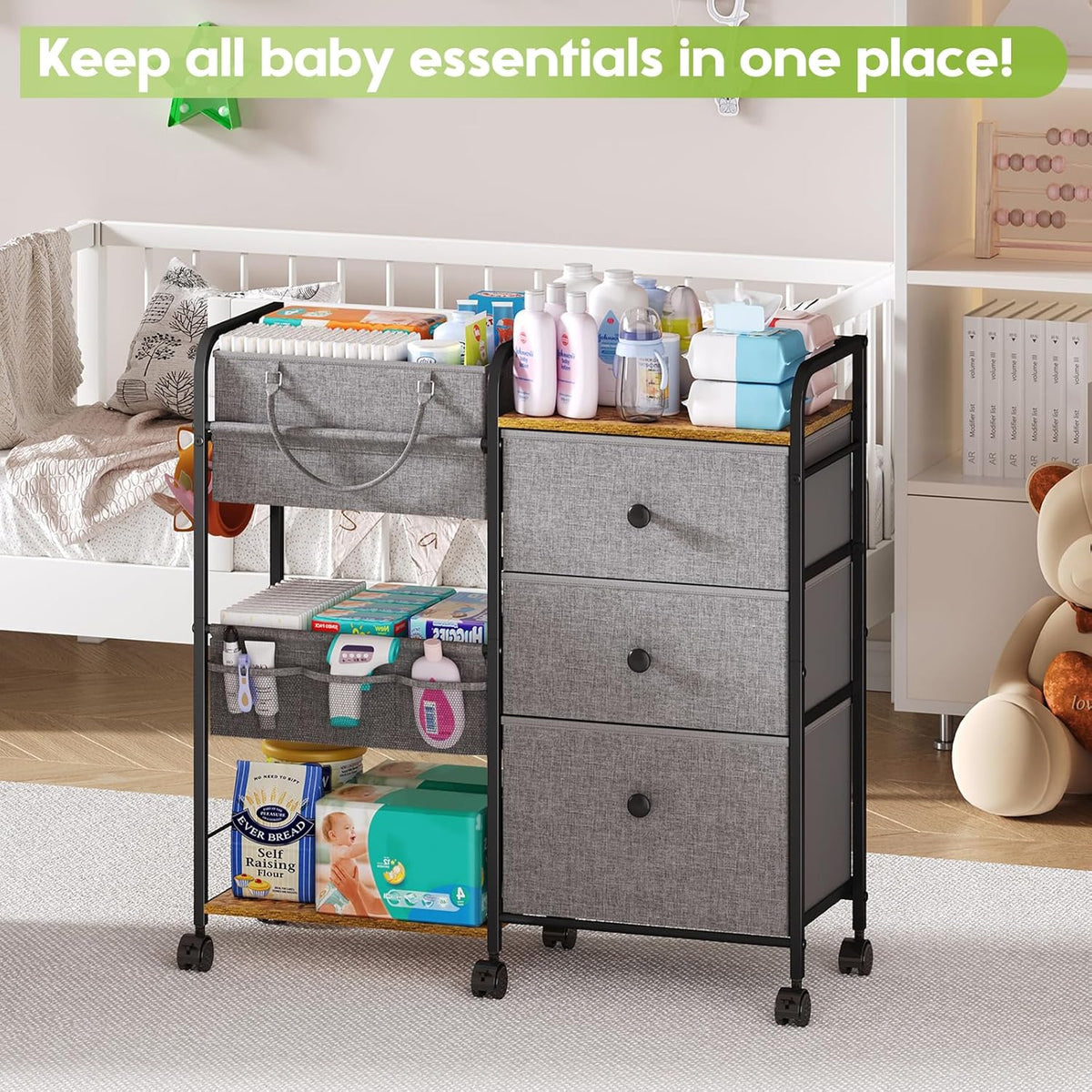 2In1 Baby Diaper Caddy Organizer and Storage, 3 Tier Rolling Cart with Dividers and Drawers, Mobile