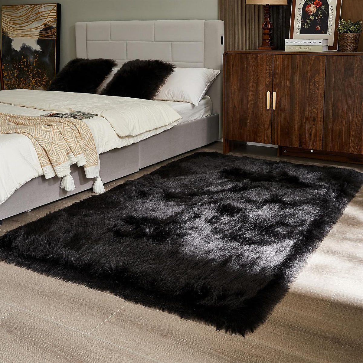 AMTOVO Faux Fur Sheepskin Rug for Living Room, 4 x 6 ft Black Fluffy Area Rug for Bedroom