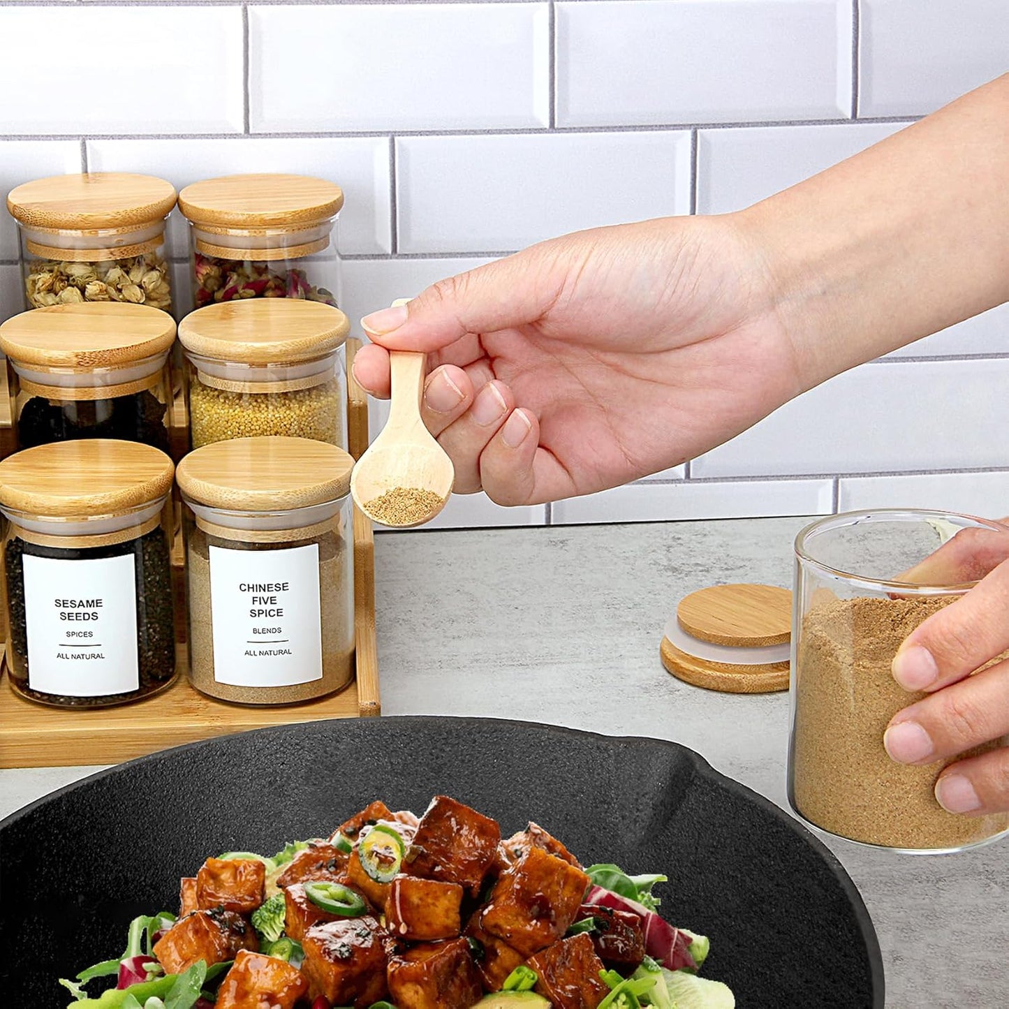 4OZ Glass Spice Jars with Bamboo Lids and 315 Labels, 32 Pcs Clear Food Storage Containers for