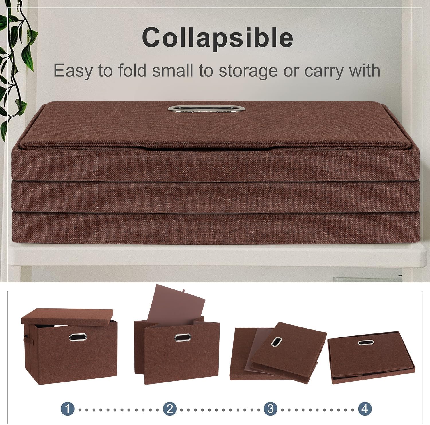 Large 17" 36 Quart Collapsible Stackable Storage Bins with Lids, 3 Packs Dark red Foldable Fabric