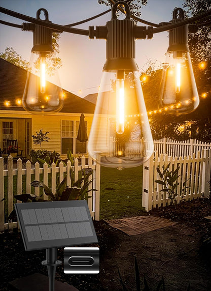 Solar String Lights Outdoor Waterproof 100FT with USB Port and 52 Shatterproof ST38 Bulbs(2 Spare)