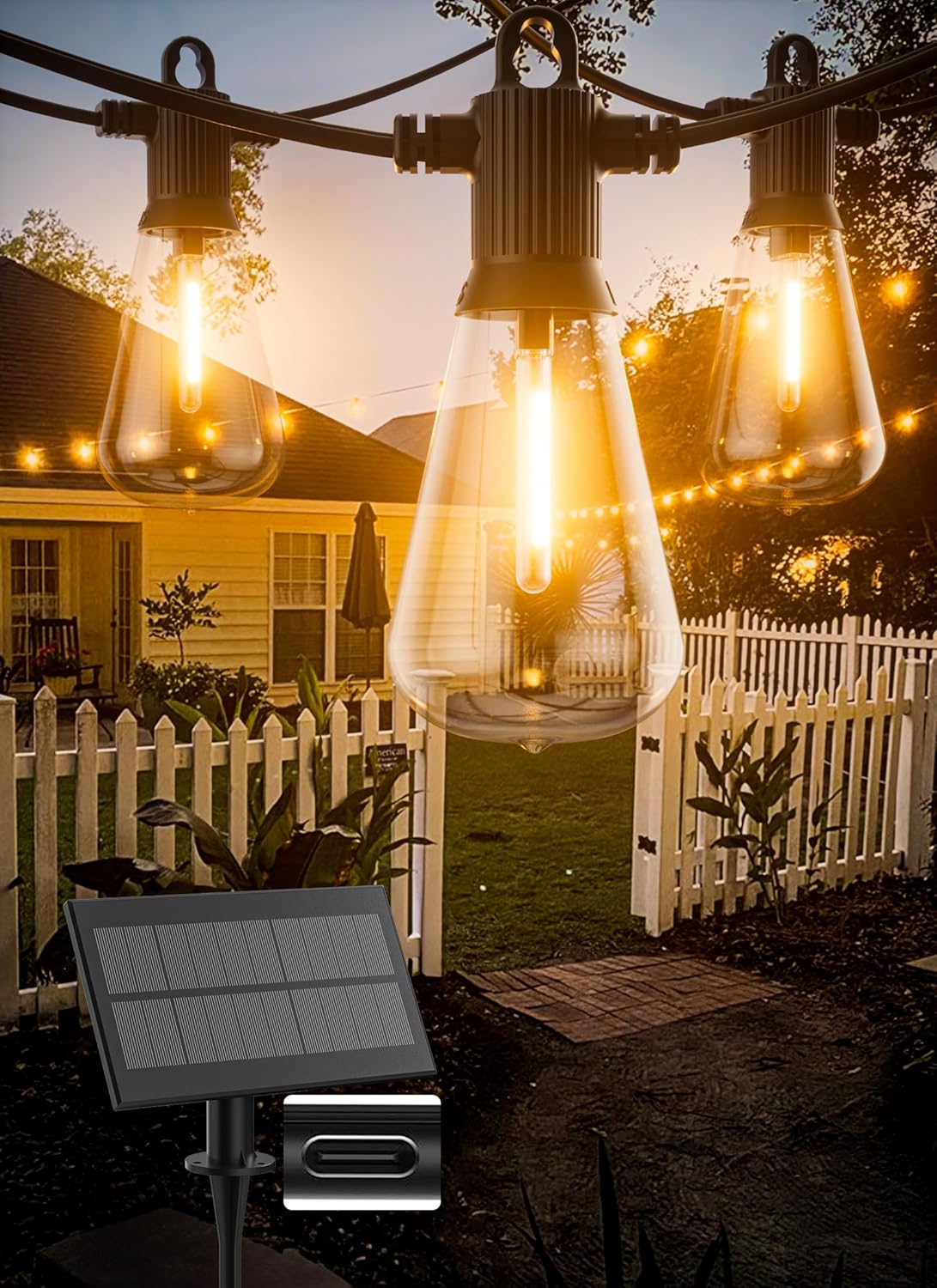 Solar String Lights Outdoor Waterproof 50FT with USB Port and 27 Shatterproof ST38 Bulbs(2 Spare)