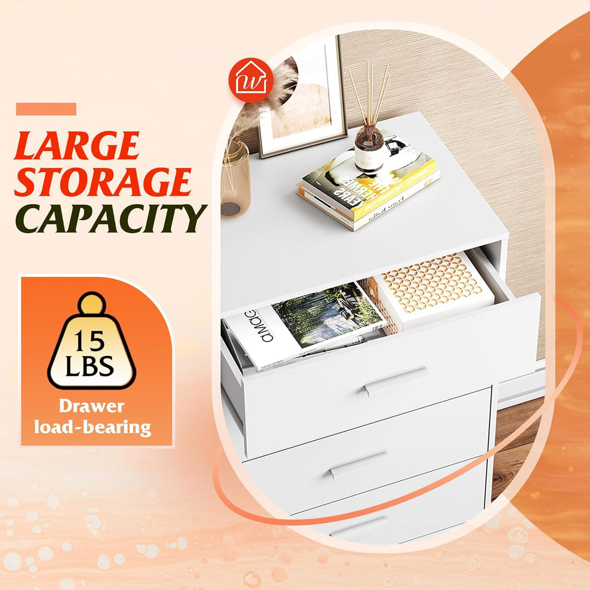 WLIVE White Wood Dresser for Bedroom with 4 Drawers, Tall Chest of Drawers with Sturdy Metal Frame