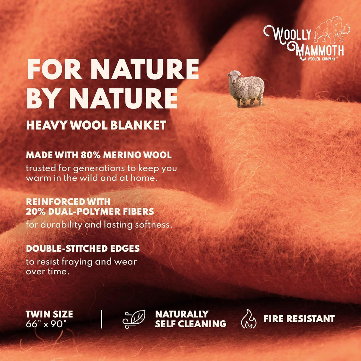 Woolly Mammoth Woolen Company Merino Wool Blanket - 66" x 90", 4 lb Orange - Heavyweight Insulated