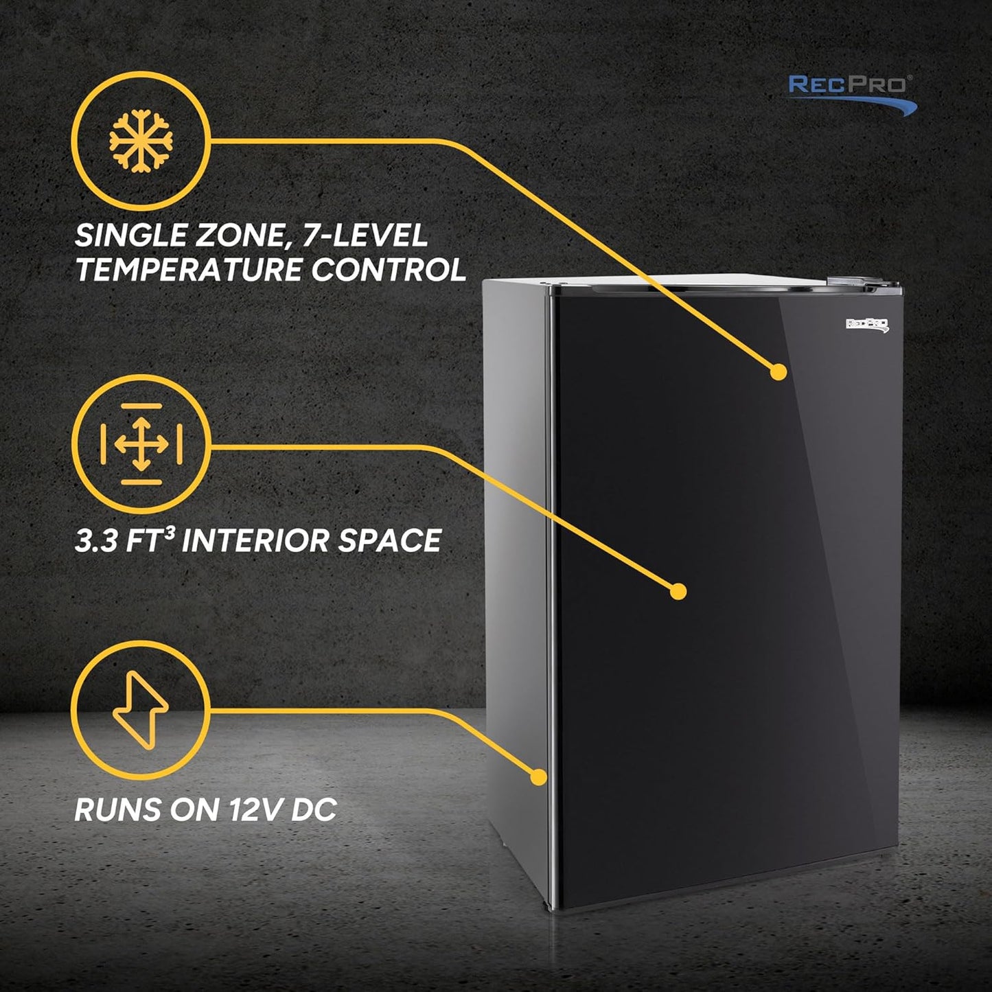 RecPro 3.3 Cu Ft 12V RV Refrigerator | Black Fridge with Adjustable Shelves, 18-Can Door Storage