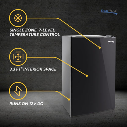 RecPro 3.3 Cu Ft 12V RV Refrigerator | Black Fridge with Adjustable Shelves, 18-Can Door Storage