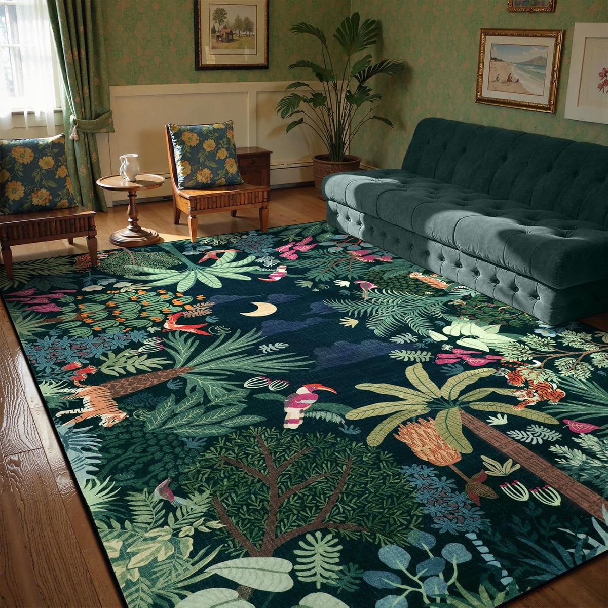LIVEBOX Washable Jungle Dark Green Rugs 9x12 for Living Room, Stain Resistant Soft Kids Area Rugs