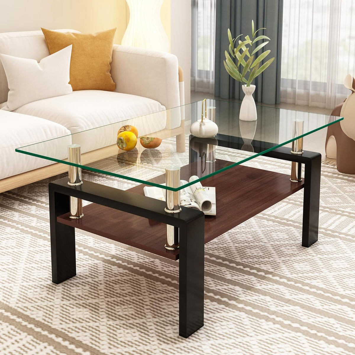Tempered Glass Coffee Table Rectangle Living Room Center Table, with 39" Clear Top and Brown MDF