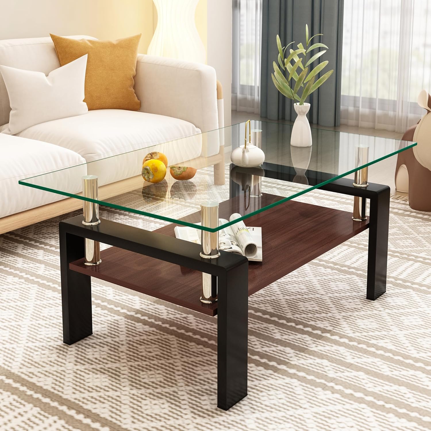 Tempered Glass Coffee Table Rectangle Living Room Center Table, with 39" Clear Top and Brown MDF