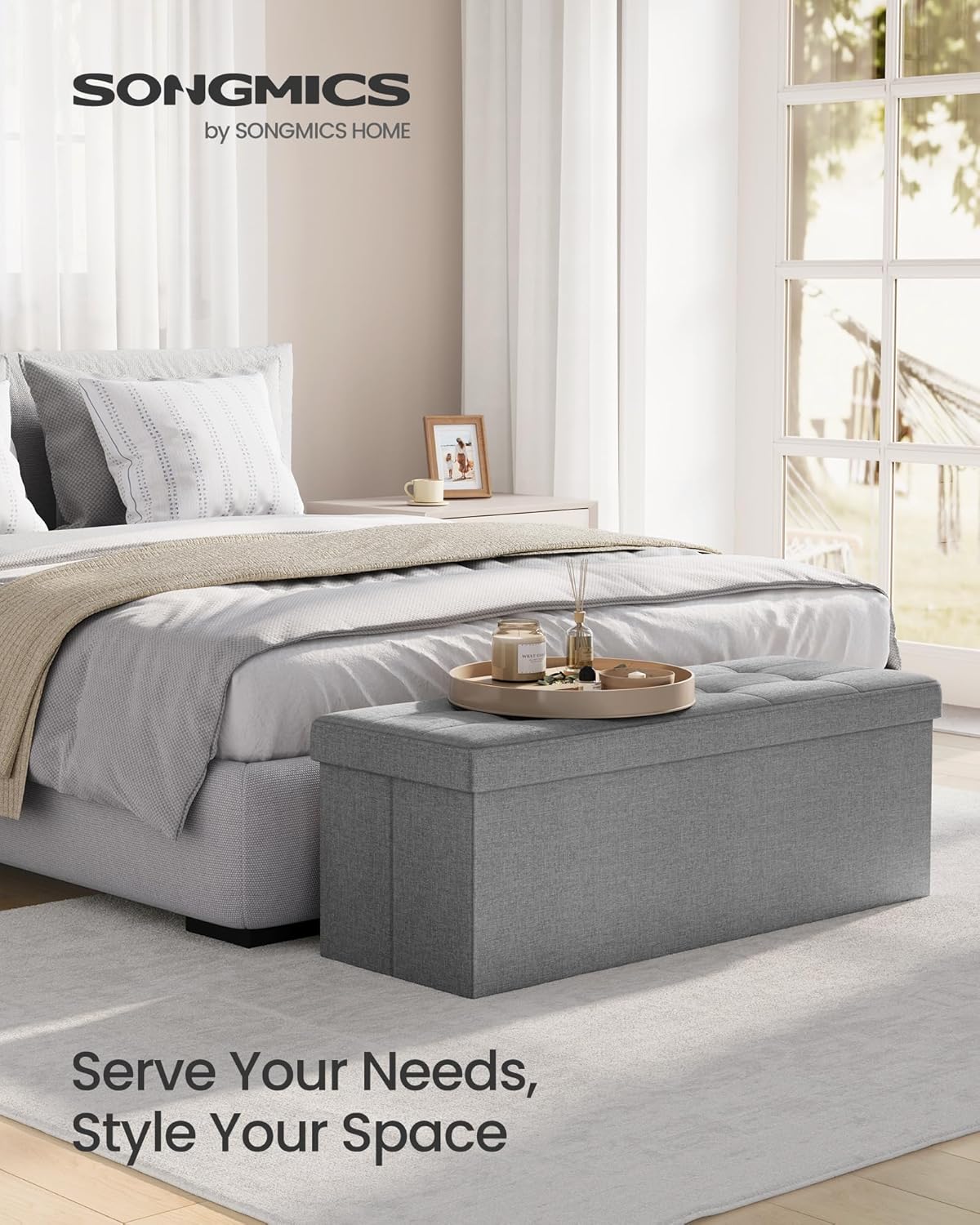 SONGMICS MAZIE Collection - 43 Inches Folding Storage Ottoman Bench, Ottoman Foot Rest, End of Bed