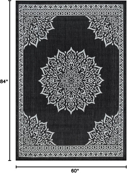 CAMILSON Outdoor Rug, 5x7 Medallion Black White Modern Area Rugs for Indoor and Outdoor Patios
