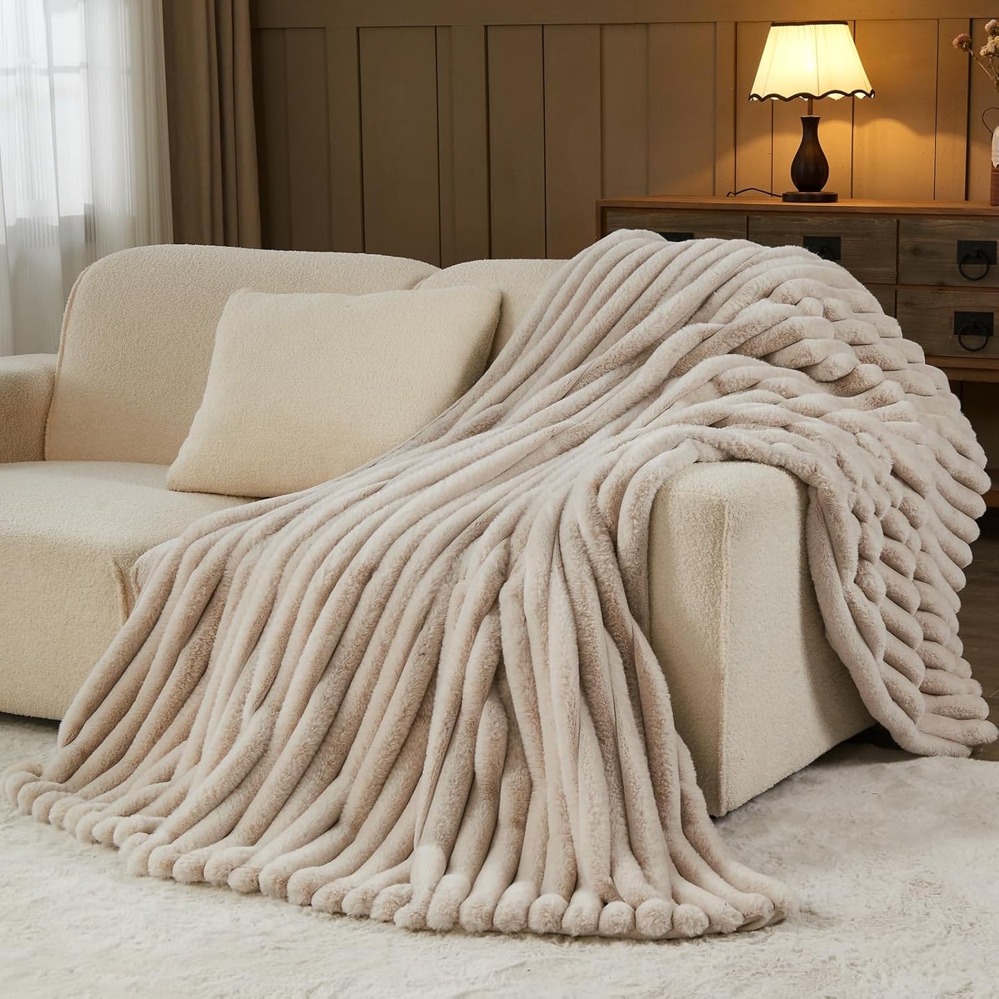 NEWCOSPLAY Faux Fur Throw Blanket Linen 3D Ribbed Plush Thick Warm Blanket for Couch Sofa Bed