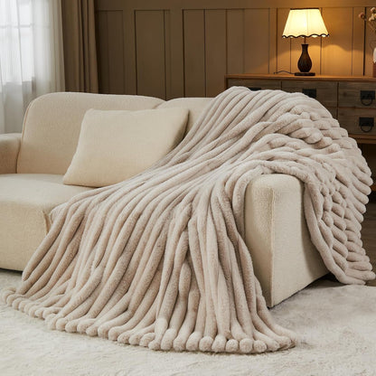 NEWCOSPLAY Faux Fur Throw Blanket Linen 3D Ribbed Plush Thick Warm Blanket for Couch Sofa Bed