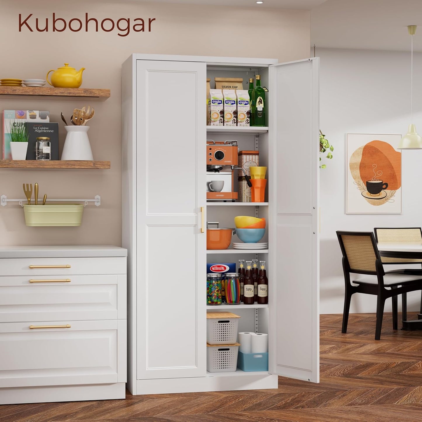 71" Tall Metal Pantry Cabinet, White Kitchen Pantry Storage Cabinet with 4 Adjustable Shelves and