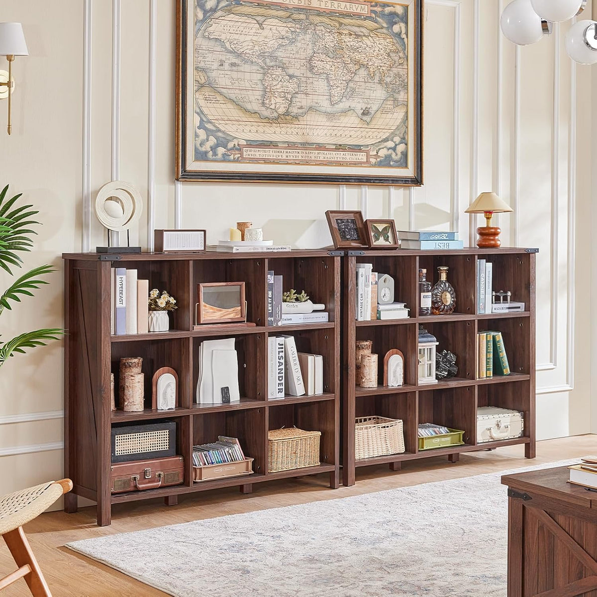 9 Cube Bookcase, Farmhouse 47 Inch Wide Brown Walnut Bookshelf, Wooden 3 Tier Display Large Open