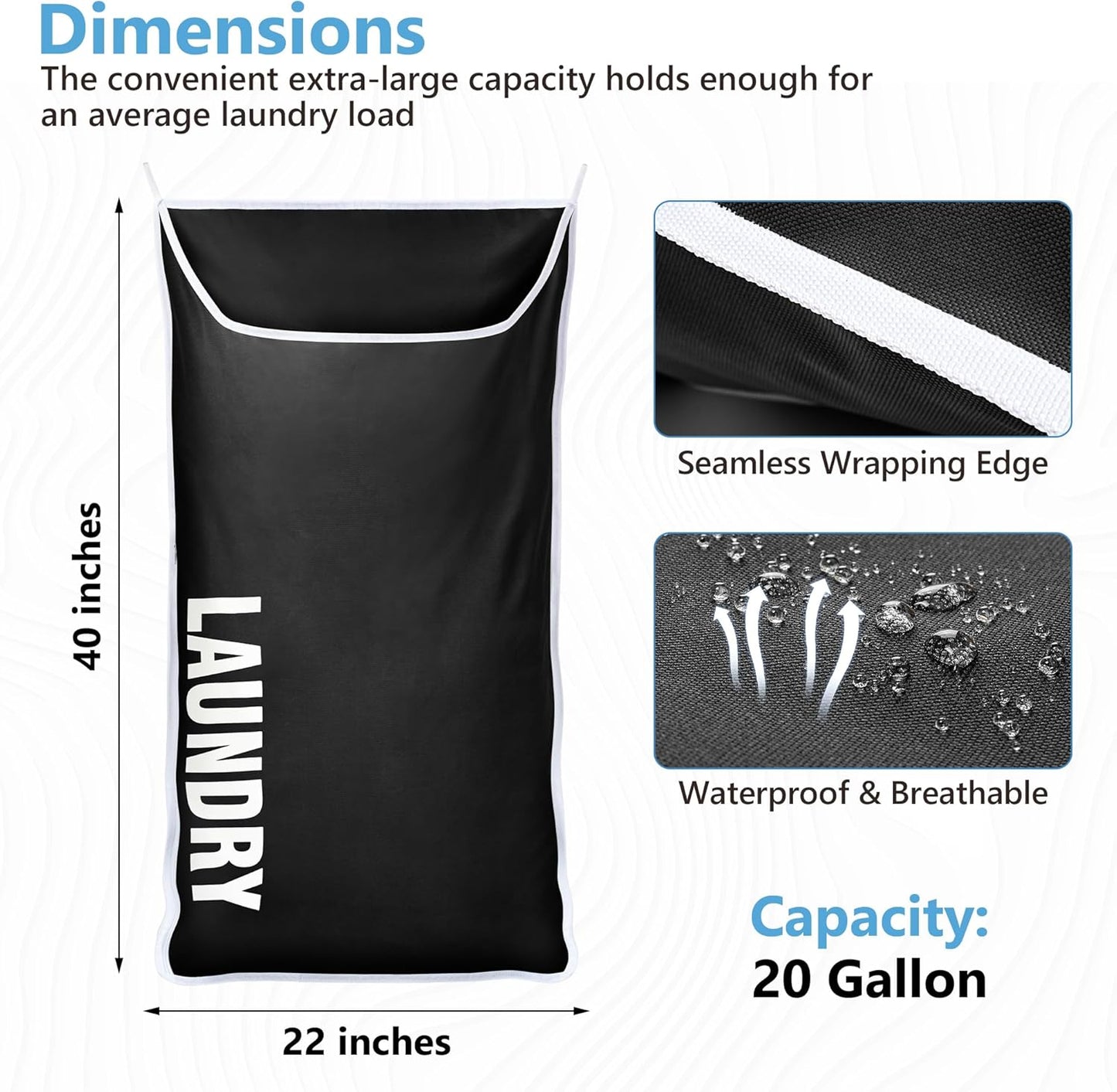 Hanging Laundry Hamper Bag XL 40x22", Space Saving over the Door Storage Bags, Behind the Door