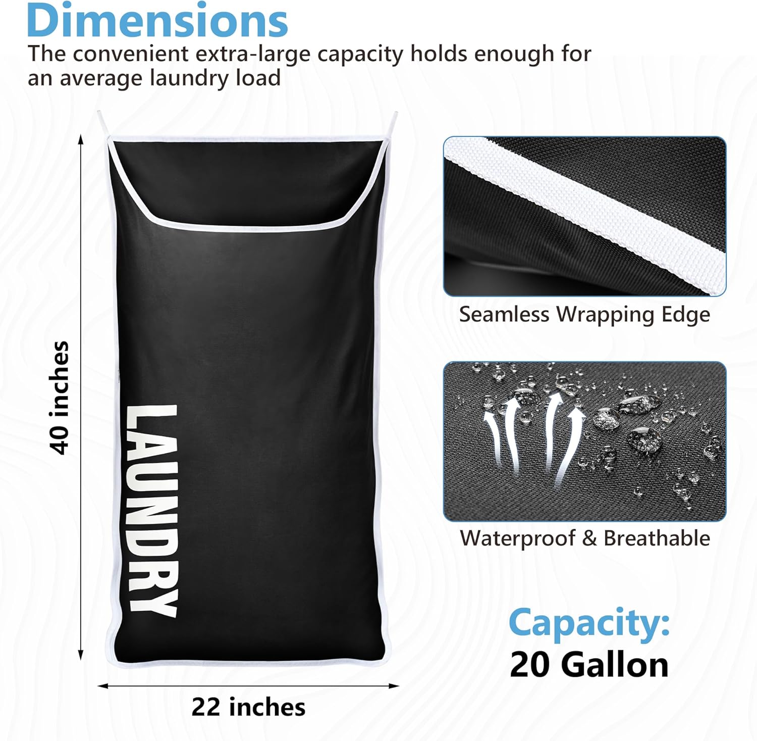 Hanging Laundry Hamper Bag XL 40x22", Space Saving over the Door Storage Bags, Behind the Door