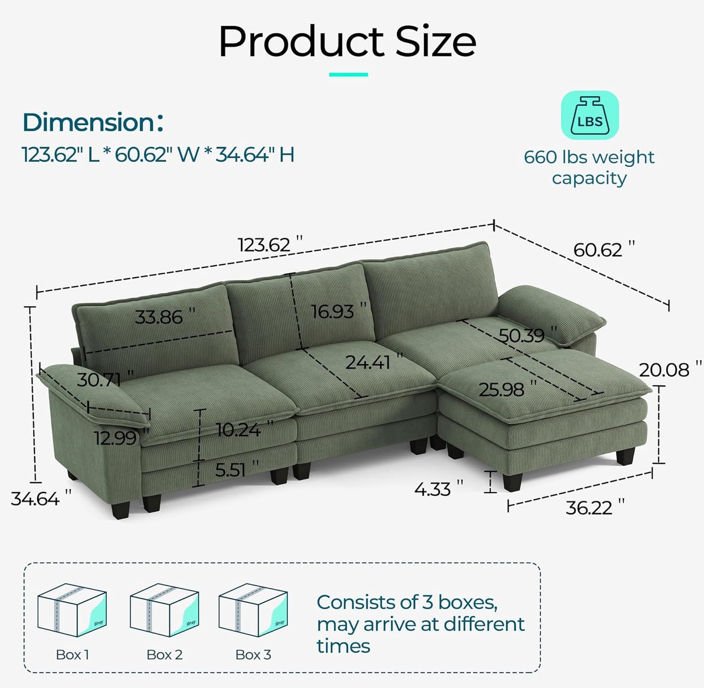 LINSY HOME Modular Sectional Sofa - 123'' Oversized Corduroy Cloud Couch L Shaped Couch with