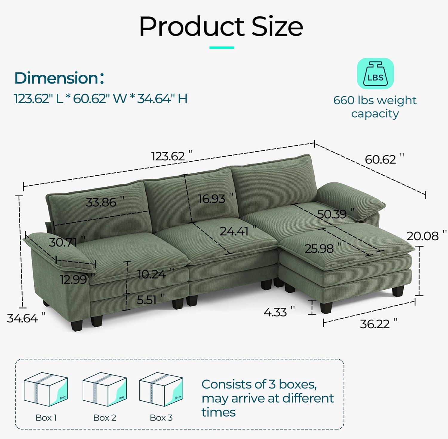 LINSY HOME Modular Sectional Sofa - 123'' Oversized Corduroy Cloud Couch L Shaped Couch with