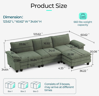 LINSY HOME Modular Sectional Sofa - 123'' Oversized Corduroy Cloud Couch L Shaped Couch with