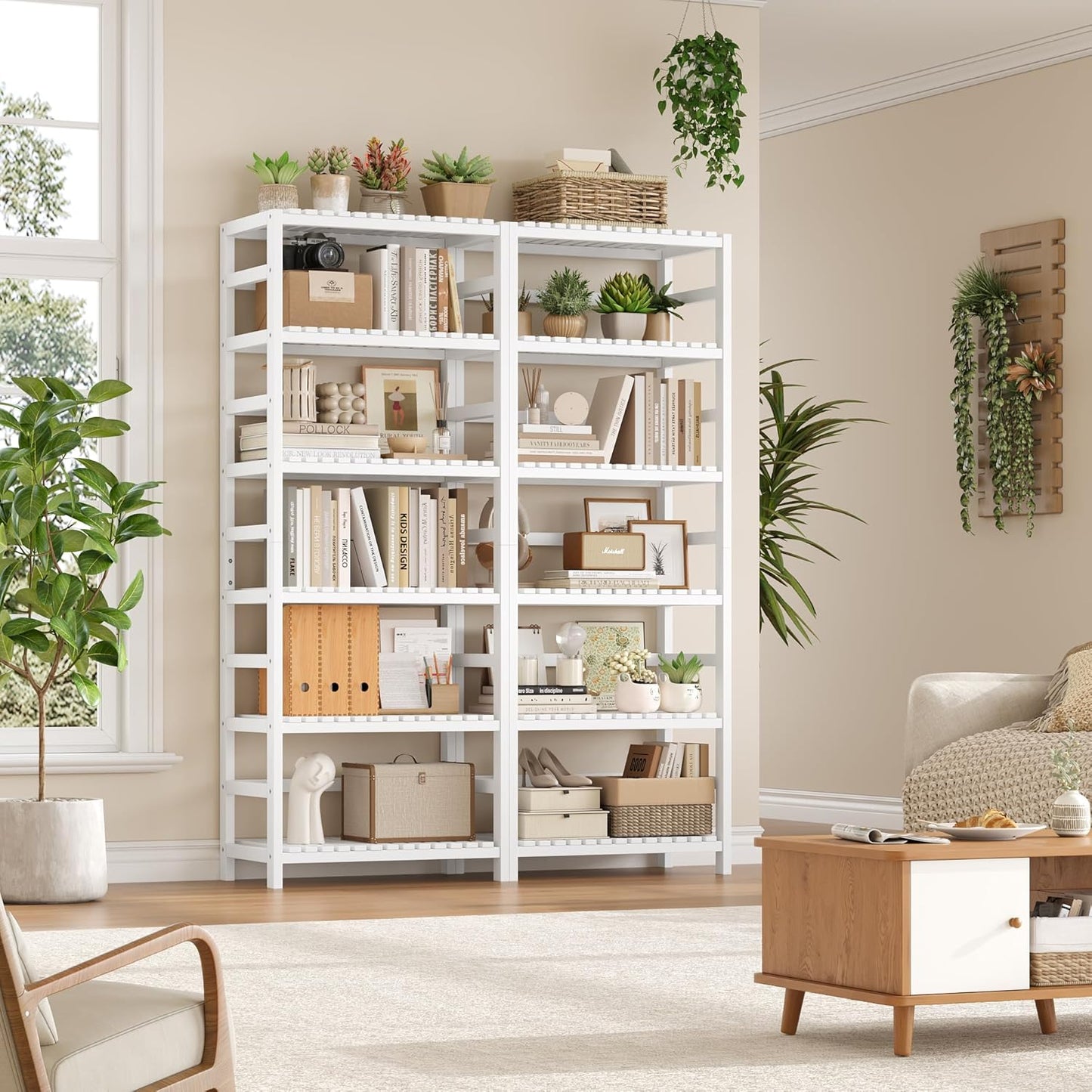 FOTOSOK 6-Tier Bamboo Shelf, Bamboo Bookcase with Adjustable Shelves, Free Standing Storage Shelf
